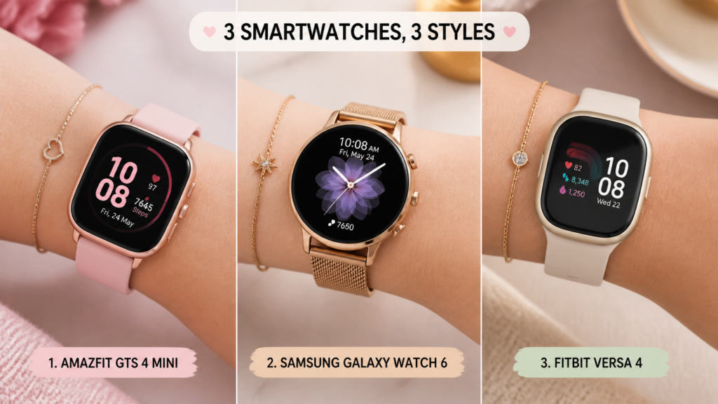 Comparison of the best smartwatch for females under 100 dollars showing different screen sizes