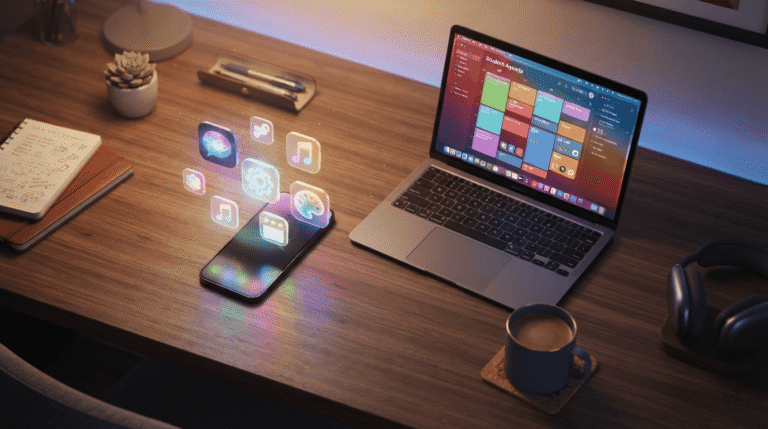 Best apps for students displayed on a smartphone and laptop desk setup