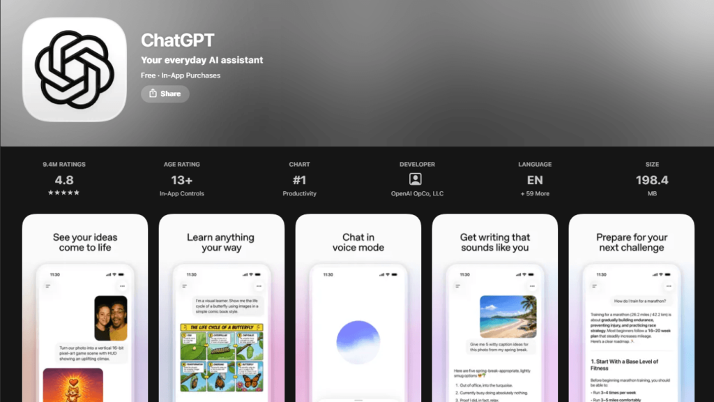 ChatGPT by OpenAI App Store listing page representing top ai apps for iPhone