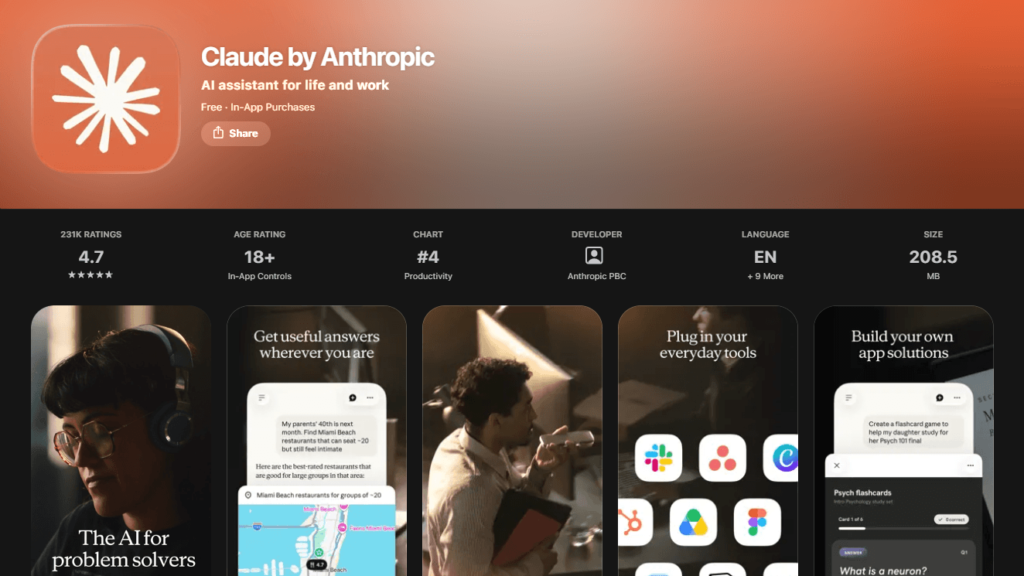 Claude by Anthropic App Store listing page representing top ai apps for iPhone
