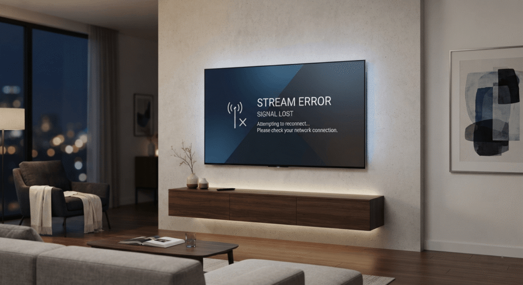 A smart TV screen displaying a stream error message illustrating the instability of unofficial free TV apps.