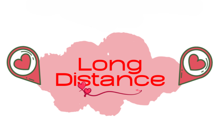 A pink graphic with the text Long Distance and heart location pins representing apps for long distance couples