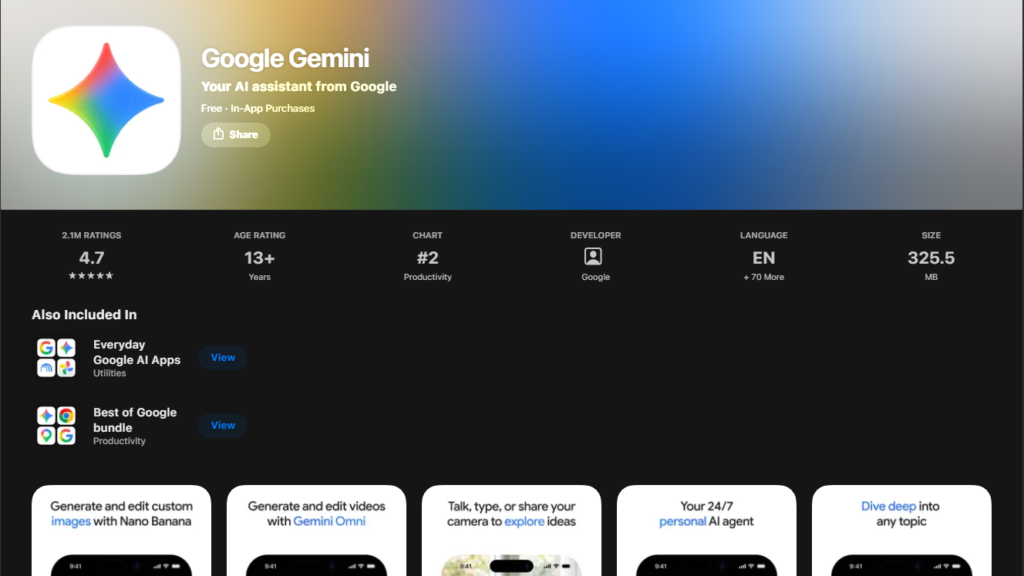 Google Gemini App Store listing page representing top ai apps for iPhone