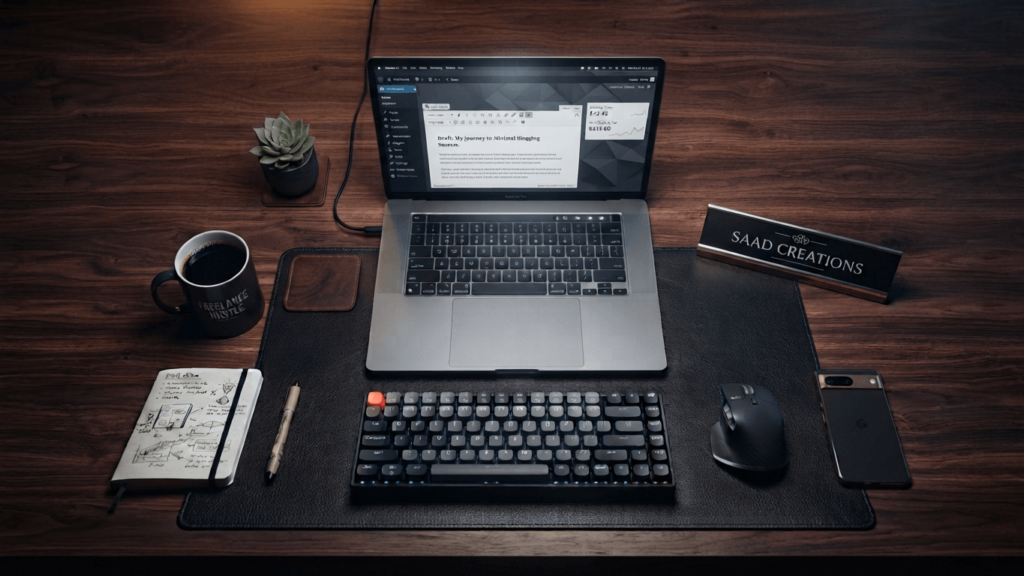 A modern desk setup showing a person researching how to make money with artificial intelligence on a laptop