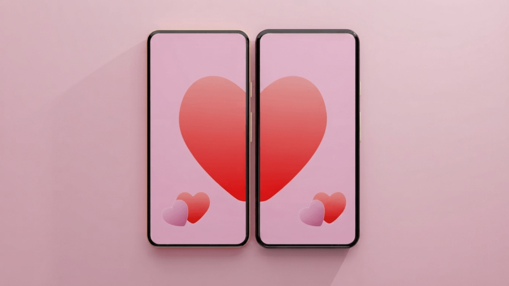 Two smartphones placed side by side forming a heart graphic to test apps for long distance couples