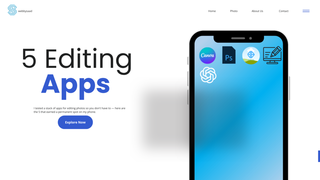 Smartphone screen displaying popular apps for editing photos on Webbysaad website banner