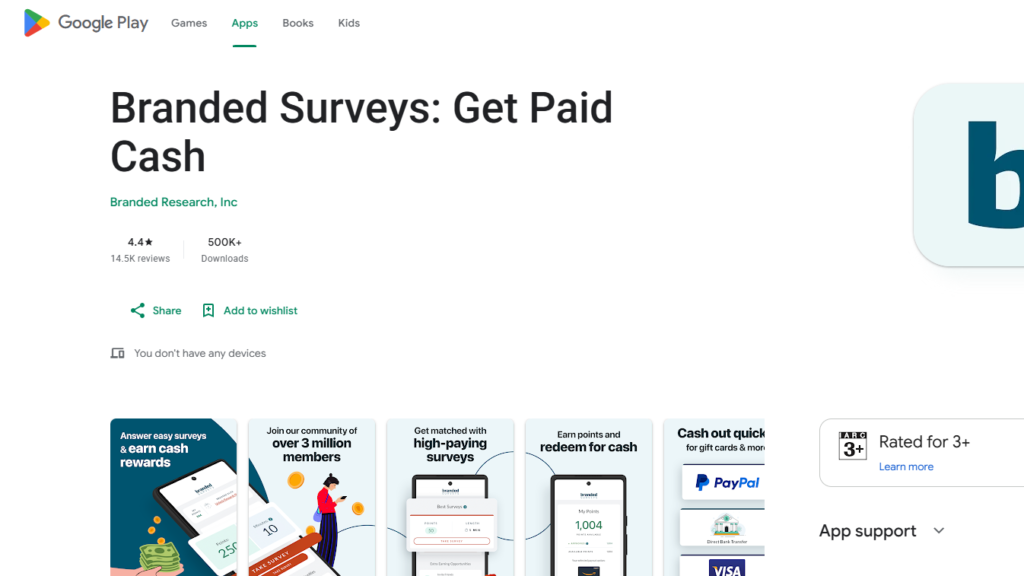 Branded Surveys Get Paid Cash app Google Play Store listing page to make money with apps