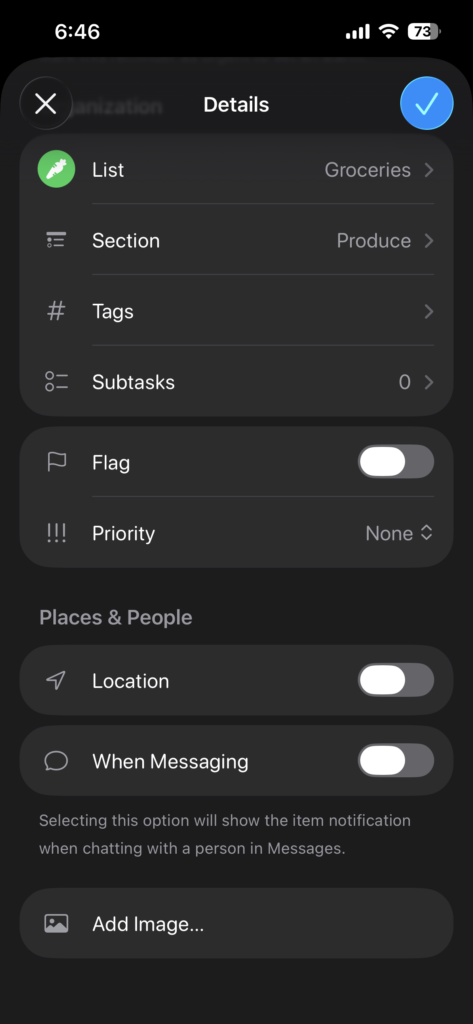 Setting up location based grocery reminder on iPhone