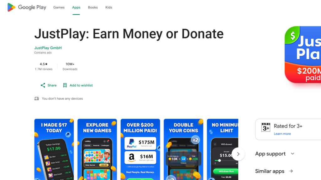 JustPlay Earn Money or Donate app Google Play Store listing page to make money with apps