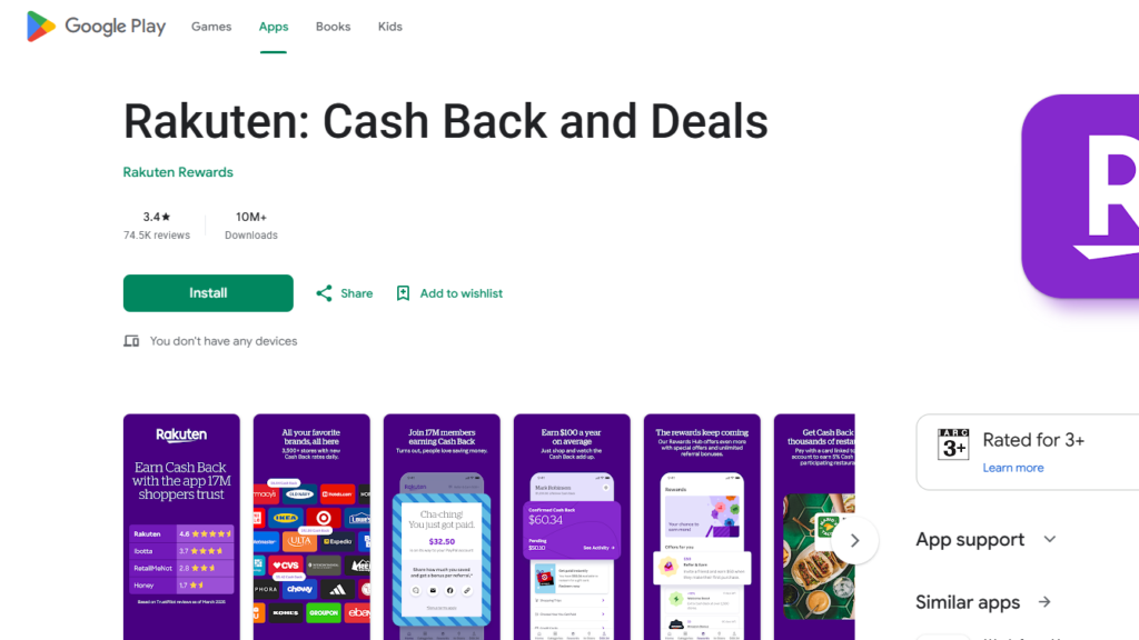 Rakuten Cash Back and Deals app Google Play Store listing page to make money with apps