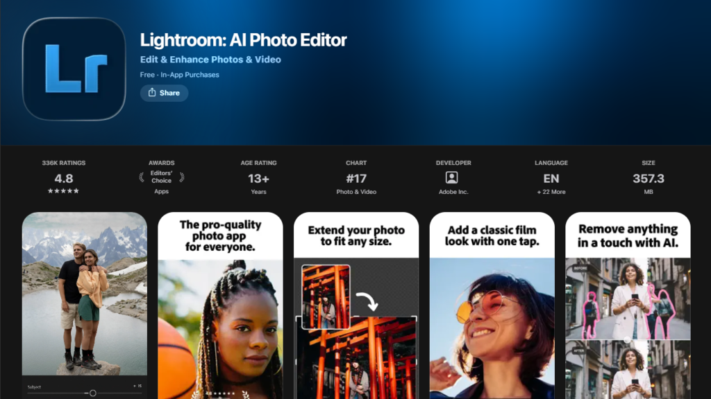 Adobe Lightroom App Store listing highlighting key features of apps for editing photos