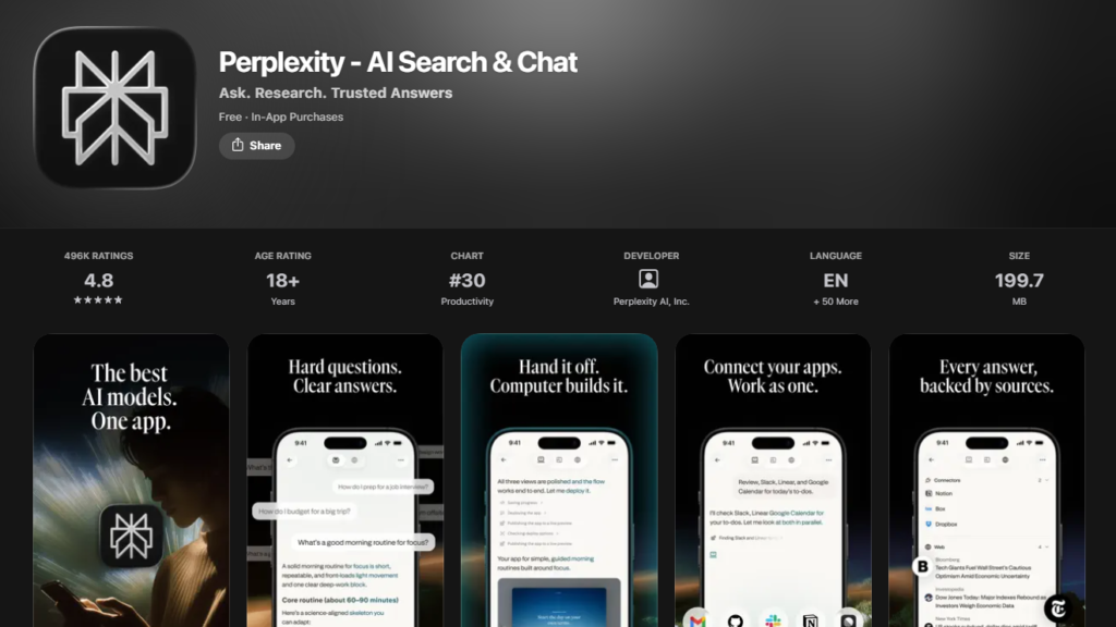 Perplexity AI App Store listing page representing top ai apps for iPhone