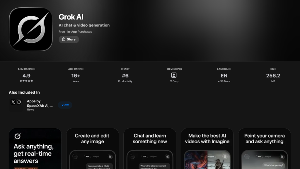 Grok AI App Store listing page representing top ai apps for iPhone