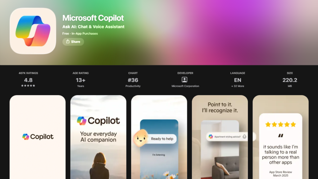 Microsoft Copilot App Store listing page representing top ai apps for iPhone