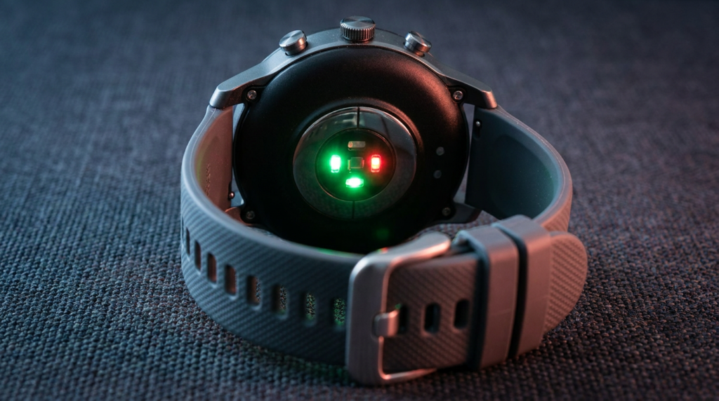 Close up of smartwatch heart rate and SpO2 sensors for health tracking