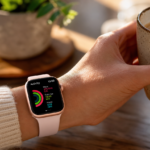 A stylish and affordable smartwatch for females worn on a small wrist during a morning coffee break