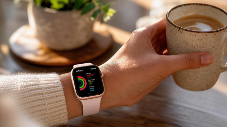 A stylish and affordable smartwatch for females worn on a small wrist during a morning coffee break