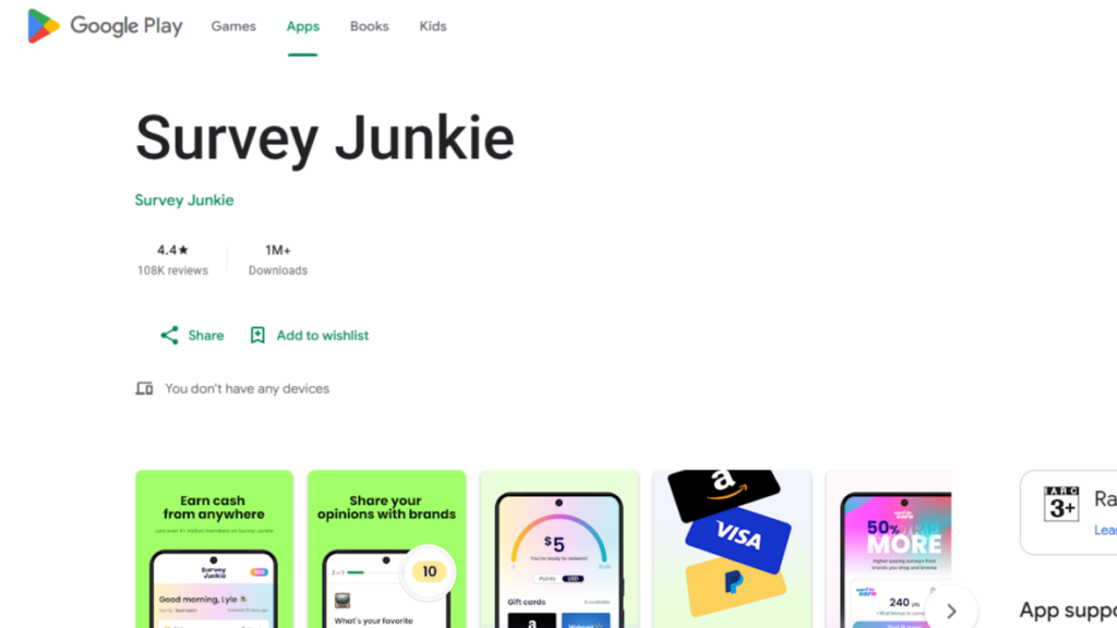 Survey Junkie app Google Play Store listing to make money with apps