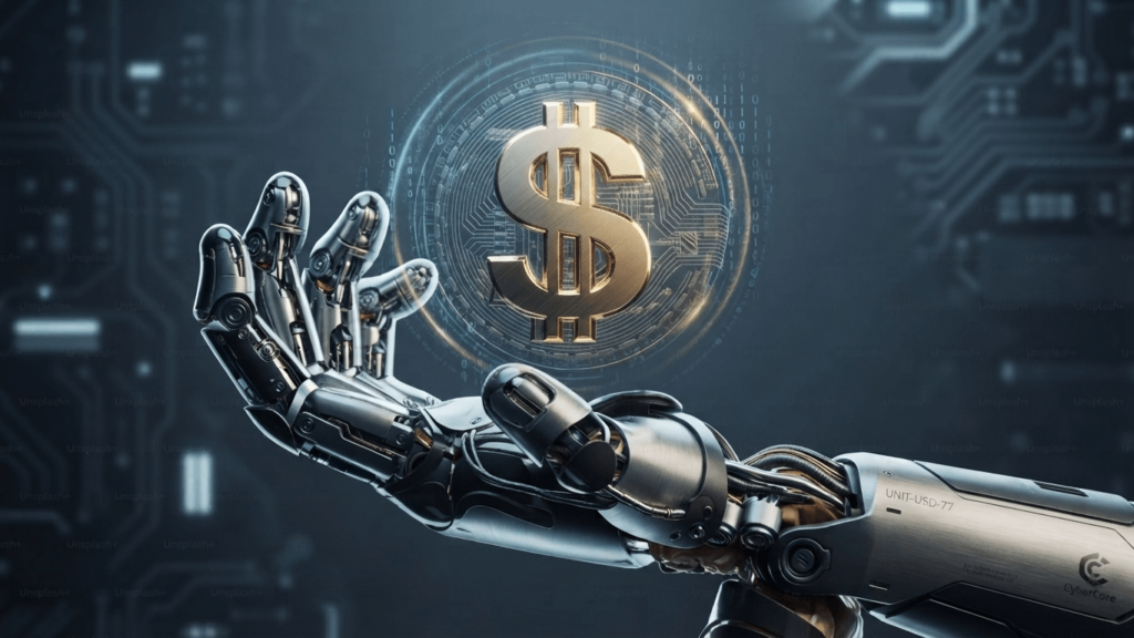 A robotic metallic hand holding a glowing digital dollar symbol representing AI agent payouts in our AgentOn review