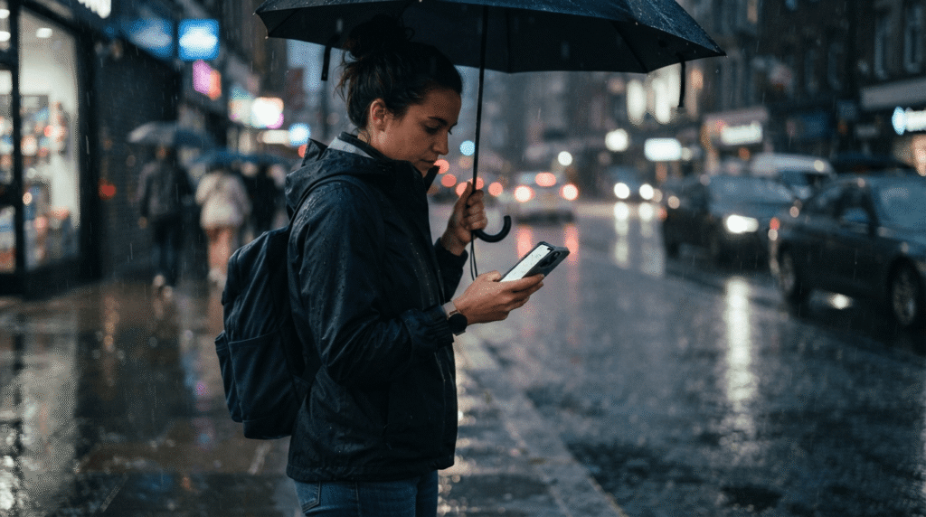 Person checking the best weather app for iPhone during a rainy commute.