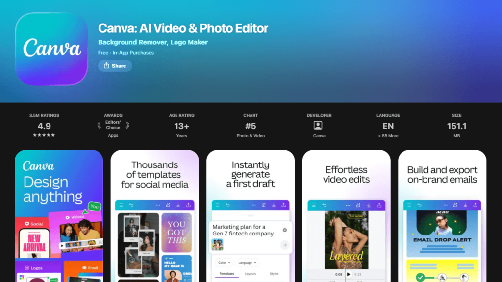 Canva App Store preview page showcasing templates and design features in apps for editing photos