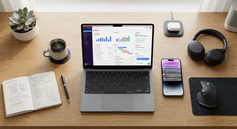 Cloud based productivity apps displayed on a laptop and smartphone on a modern desk