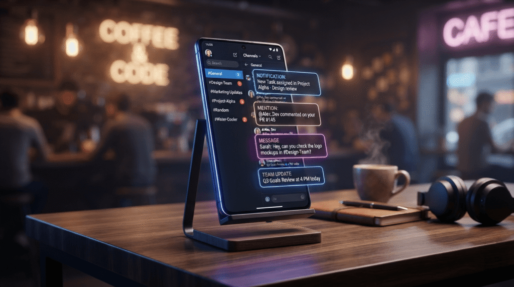 Team communication channels displayed on a smartphone using cloud based productivity apps