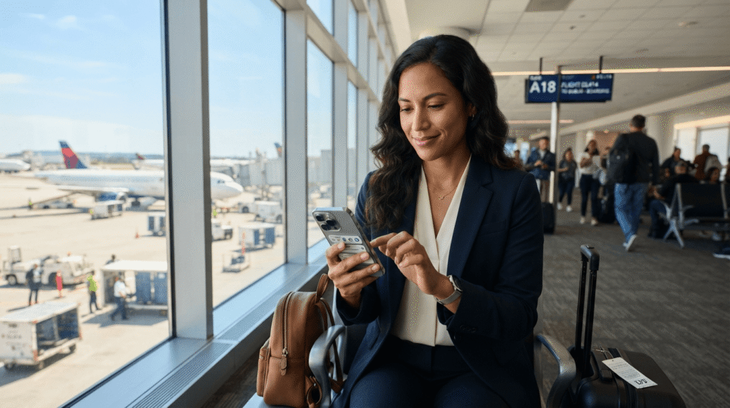 Person using mobile cloud based productivity apps while traveling at an airport gate