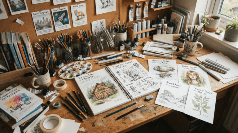 Overcoming artist block with a blank sketchbook and art prompts.