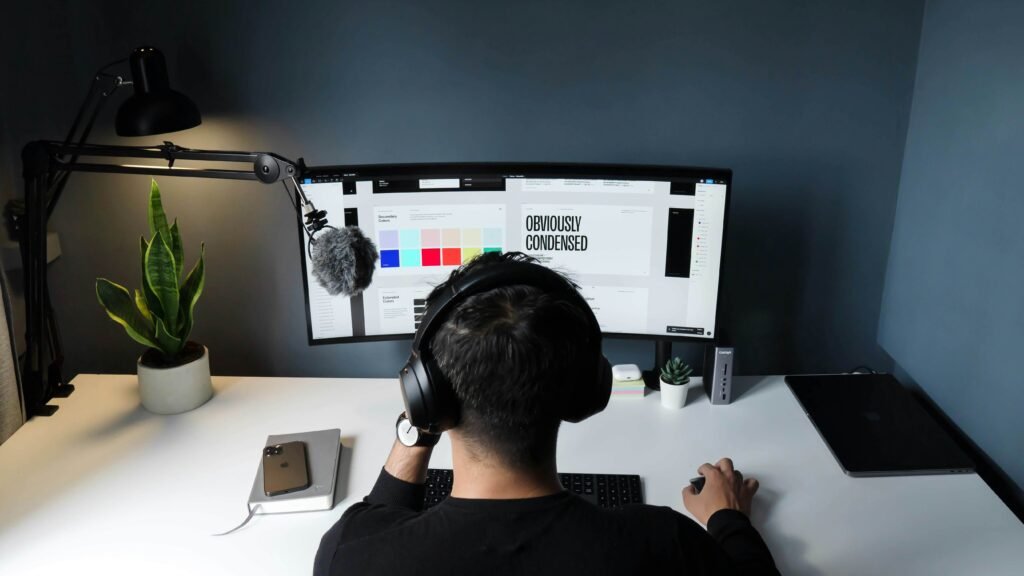 A freelancer working at a modern ultrawide monitor setup showing how to make money with artificial intelligence through AI-powered design services