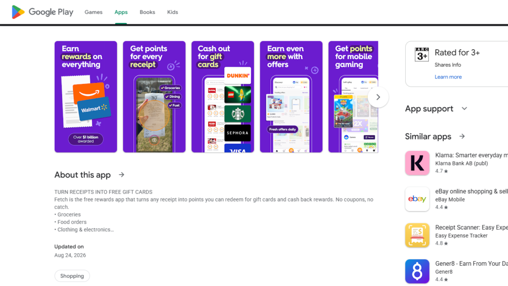 Fetch Rewards app Google Play Store listing page to make money with apps
