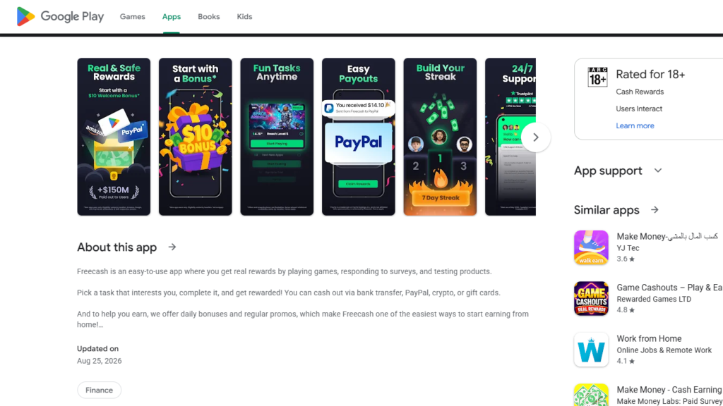 Freecash Earn Cash & Rewards app Google Play Store listing page to make money with apps
