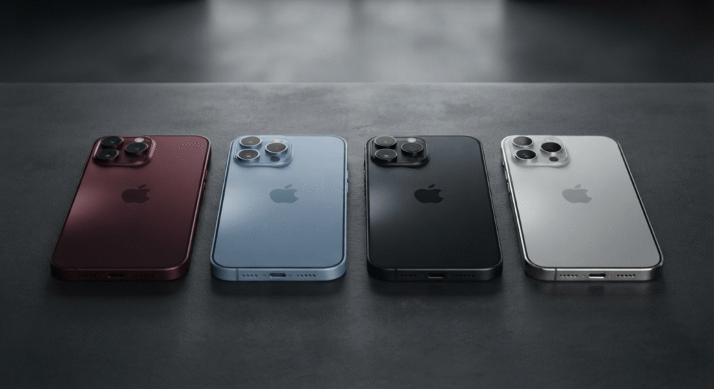 iPhone 18 Pro Max colors lineup showing Dark Cherry, Cloud Blue, Dark Gray, and Silver