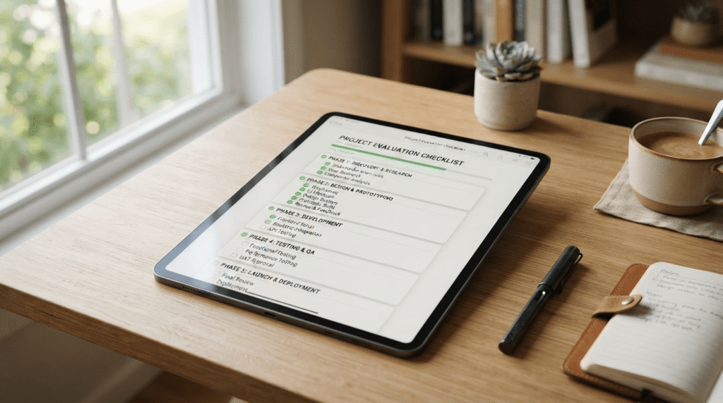 Digital checklist for evaluating AI search optimization tools on a tablet