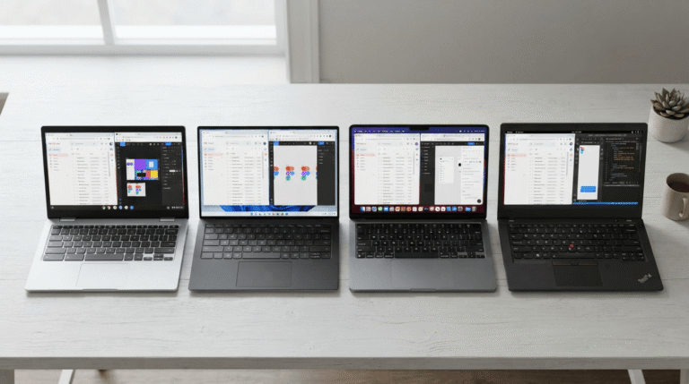 Four laptops displaying different operating systems optimized for web apps side by side