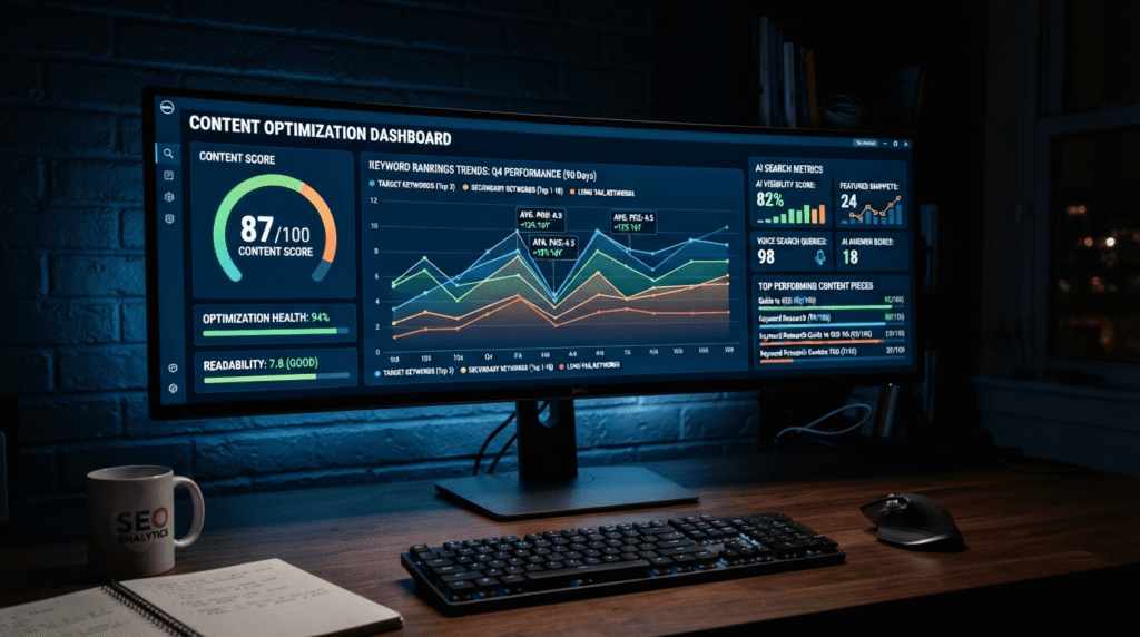 Analysing content scores in AI search optimization software on a desktop screen