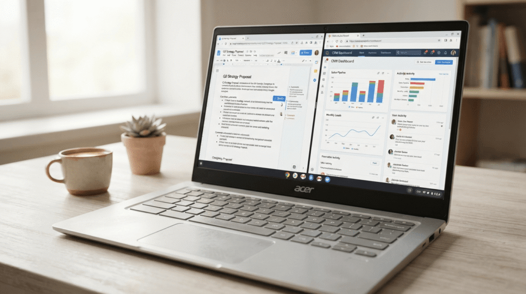 Sleek Chromebook displaying web apps and Google Workspace in a modern workspace
