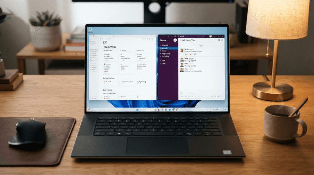 Windows 11 laptop running progressive web apps like Notion pinned to taskbar