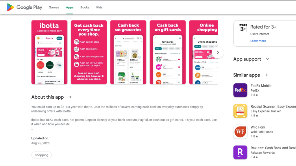 Ibotta Save & Earn Cash Back app Google Play Store listing page to make money with apps