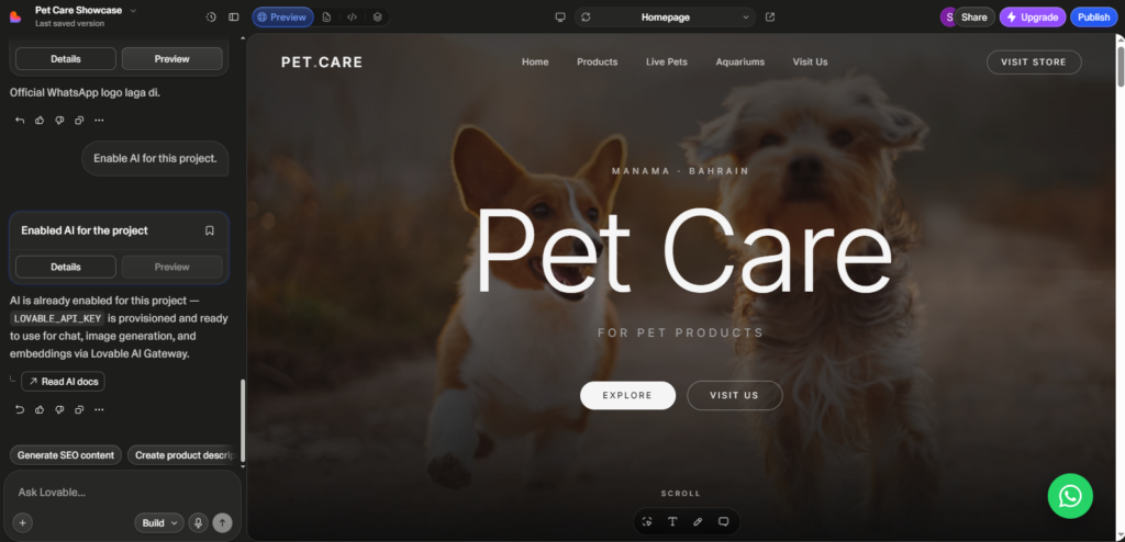 Lovable AI generating a clean frontend React dashboard from a text prompt
