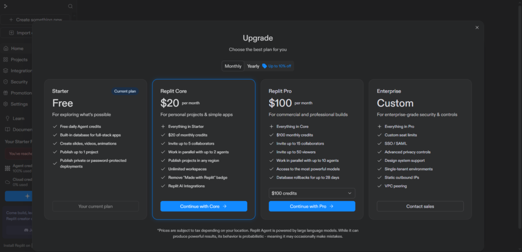 Launching Replit AI agent to create a resume builder website