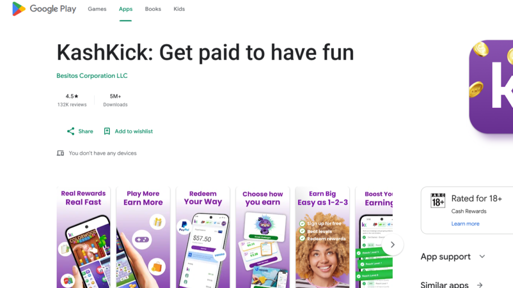 KashKick app Google Play Store listing page to make money with apps