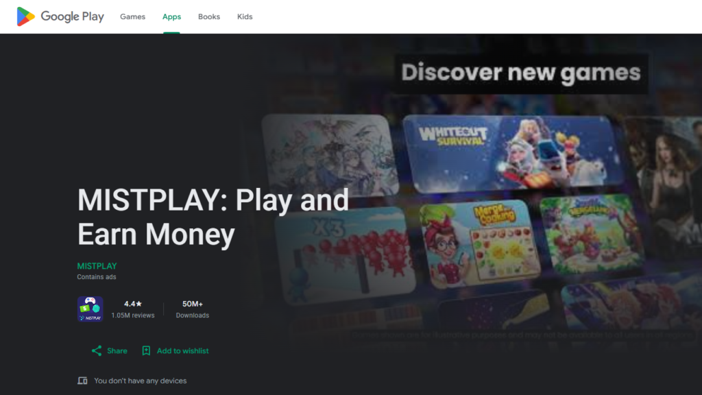 Mistplay Play and Earn Money app Google Play Store listing page to make money with apps