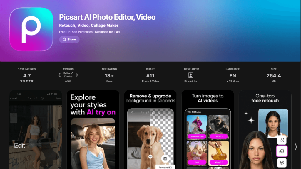 Picsart App Store preview page showcasing AI features in apps for editing photos