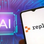 Replit logo on a smartphone screen against a glowing AI circuit background for building a resume website