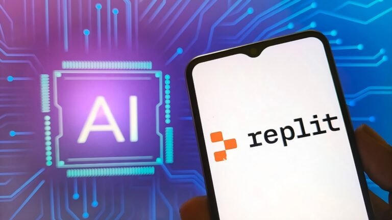 Replit logo on a smartphone screen against a glowing AI circuit background for building a resume website