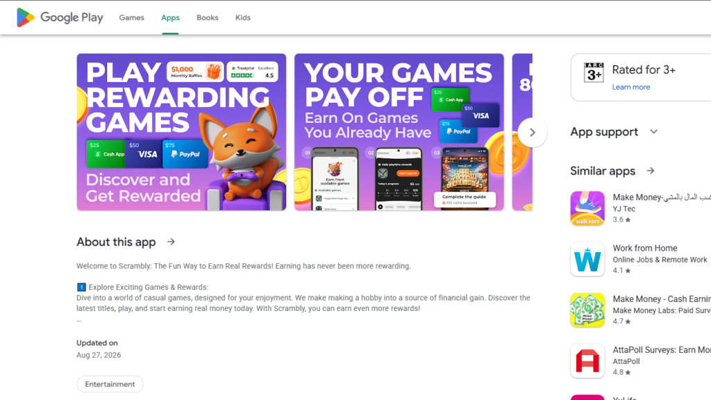 Scrambly Play Rewarding Games app Google Play Store listing page to make money with apps
