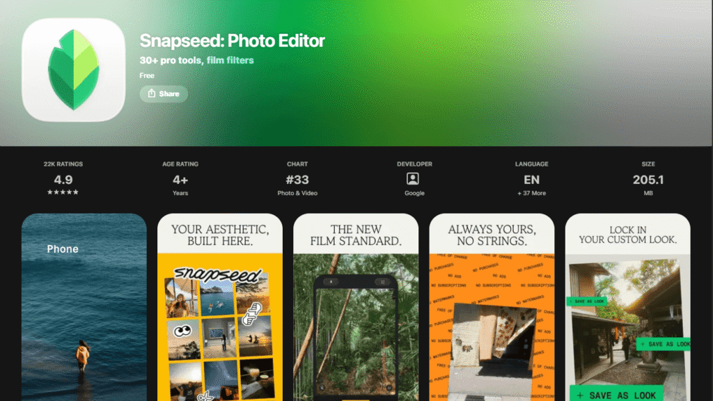 Snapseed App Store preview page showcasing one of the best free apps for editing photos