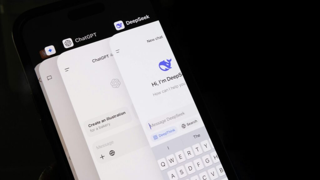 Smartphone screen displaying AI chatbot interfaces like DeepSeek and ChatGPT illustrating how to make money with artificial intelligence through chatbot automation
