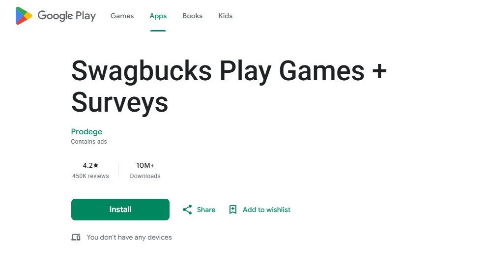 Swagbucks Play Games and Surveys app Google Play Store listing to make money with apps